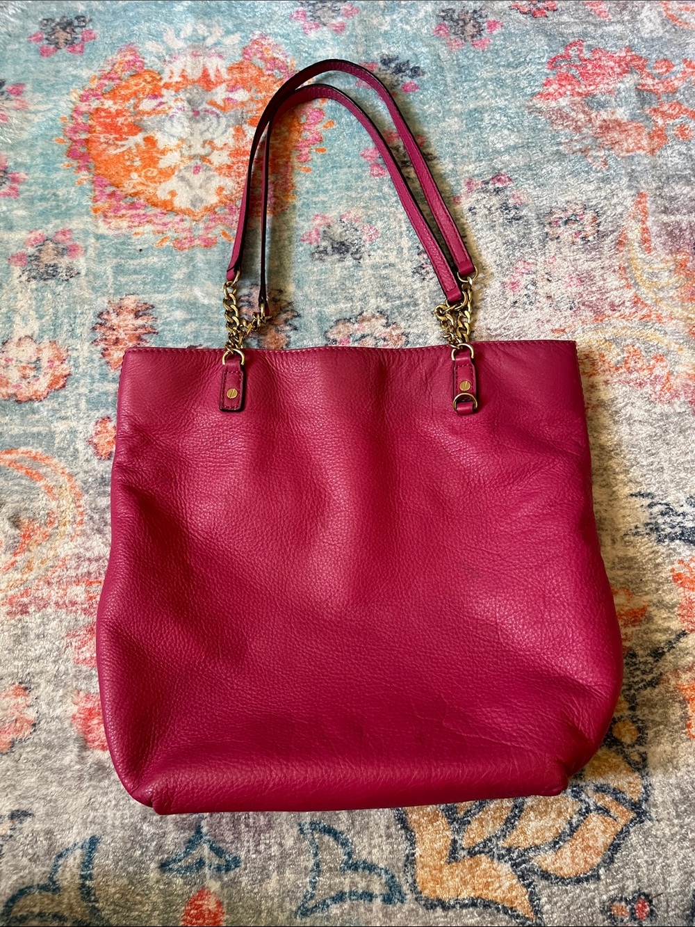 Michael Kors Magenta Leather Tote with Chain-Strap Details